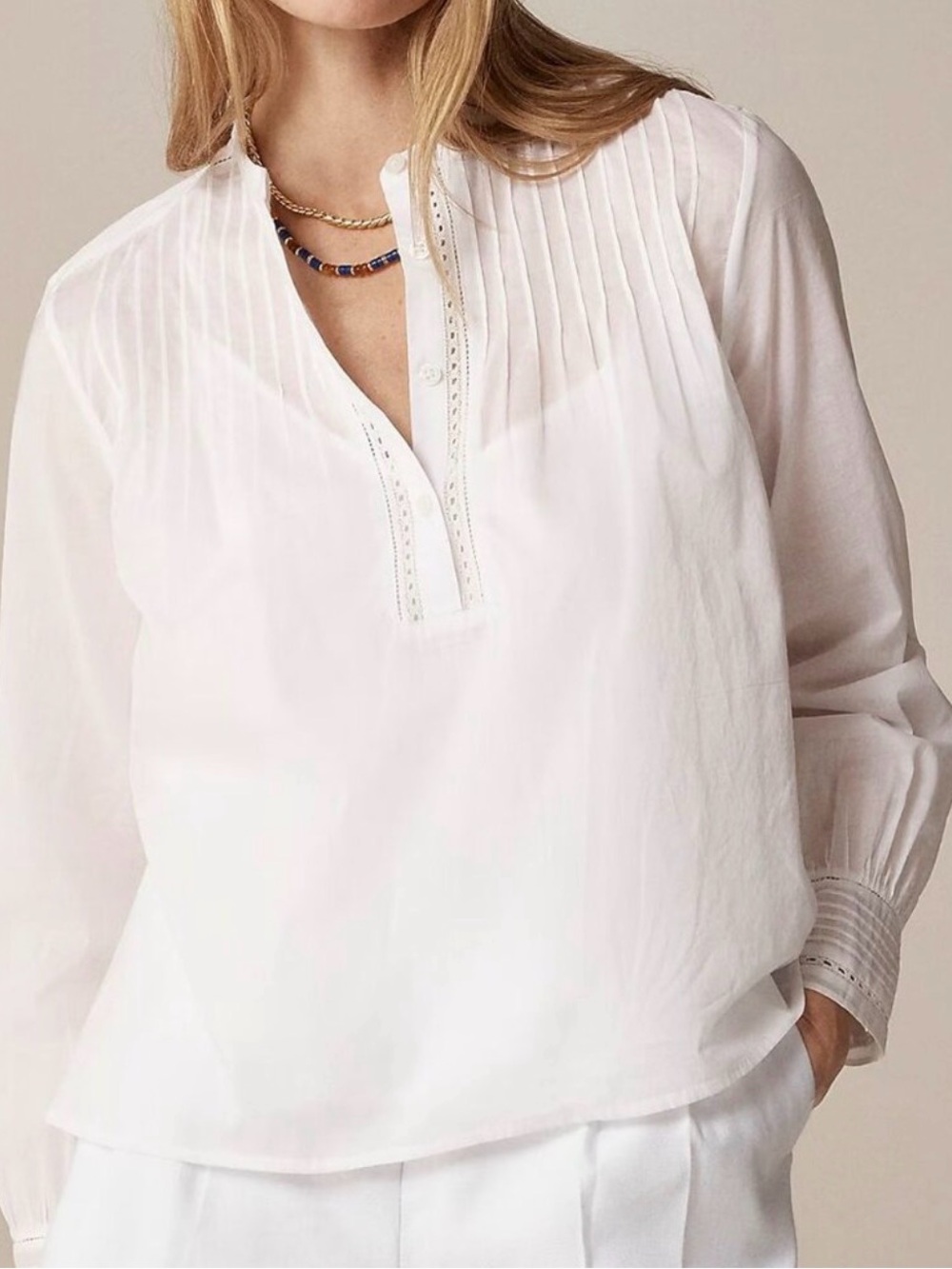 J. Crew White Pintuck Popover Blouse Top Shirt Large
